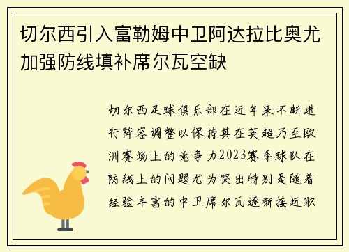 切尔西引入富勒姆中卫阿达拉比奥尤加强防线填补席尔瓦空缺